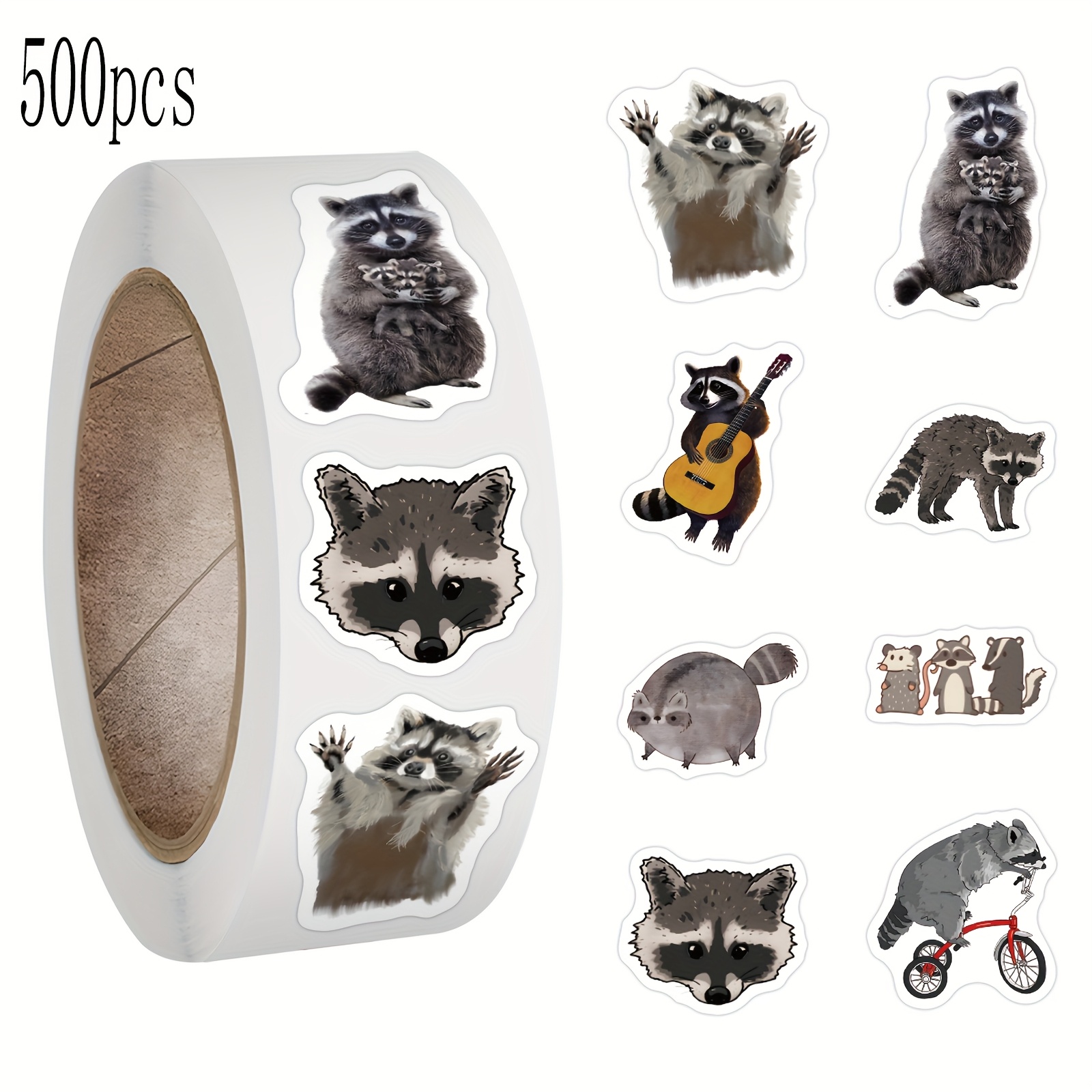 Image of Roll Of 500 Raccoon Stickers, Adorable Kawaii Sticker Collection For Hydroflask, Laptop, Phone, Skateboard, Guitar, Helmet, And Bike Decoration