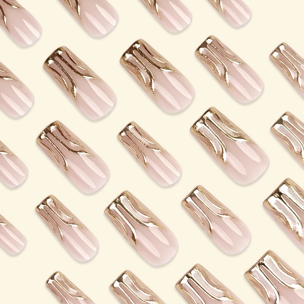 24 pç Unhas de Pressão Artesanais para Mulheres - Curva C Média, Listas Onduladas Cor-de-Rosa  3
