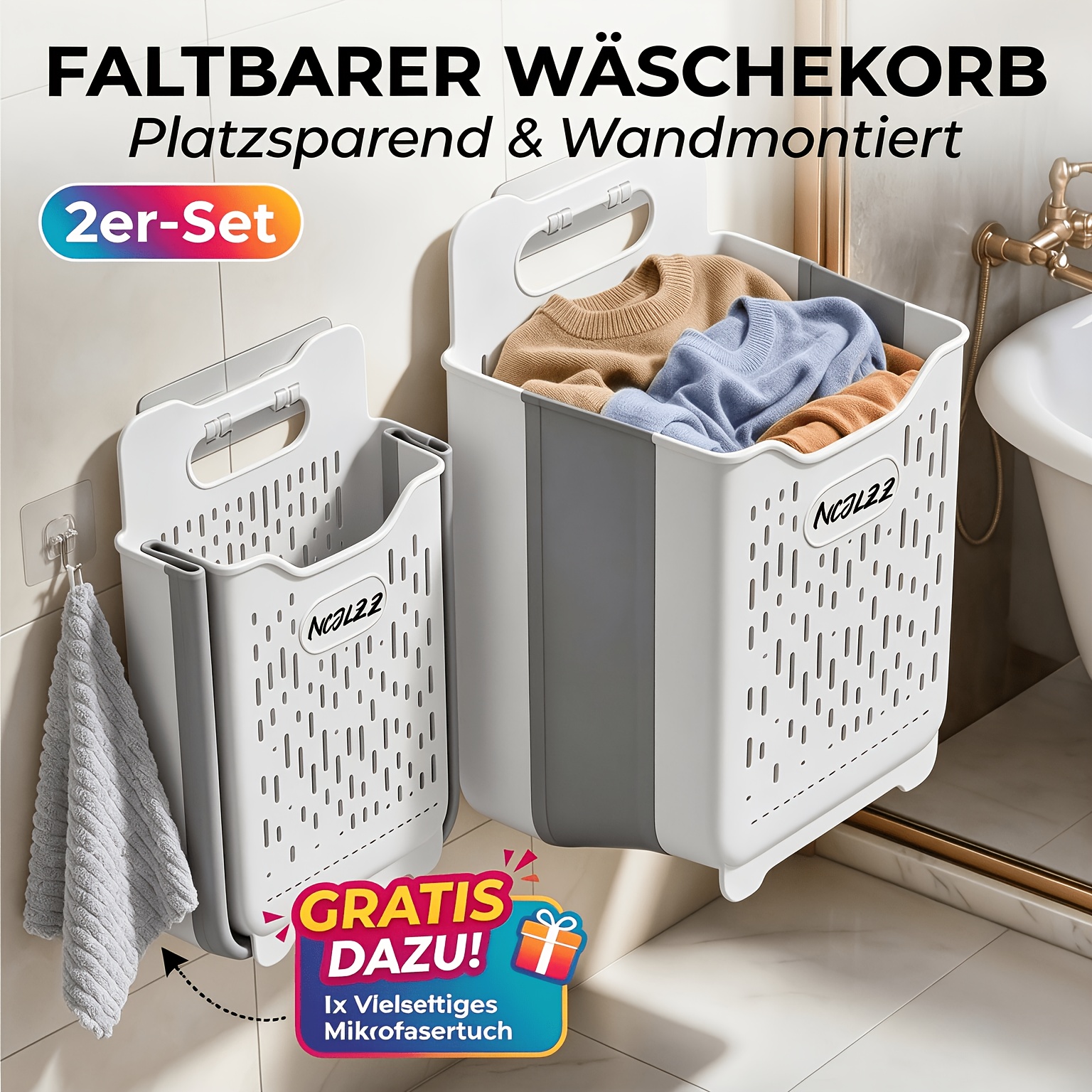 Image of Set Of 2 Xl & Xxl Foldable Laundry Baskets For Wall Mounting + Cleaning Cloth, No Drilling Required, Large Foldable Plastic Laundry Hamper, Space-saving Laundry Sorter For Bathroom & Bedroom