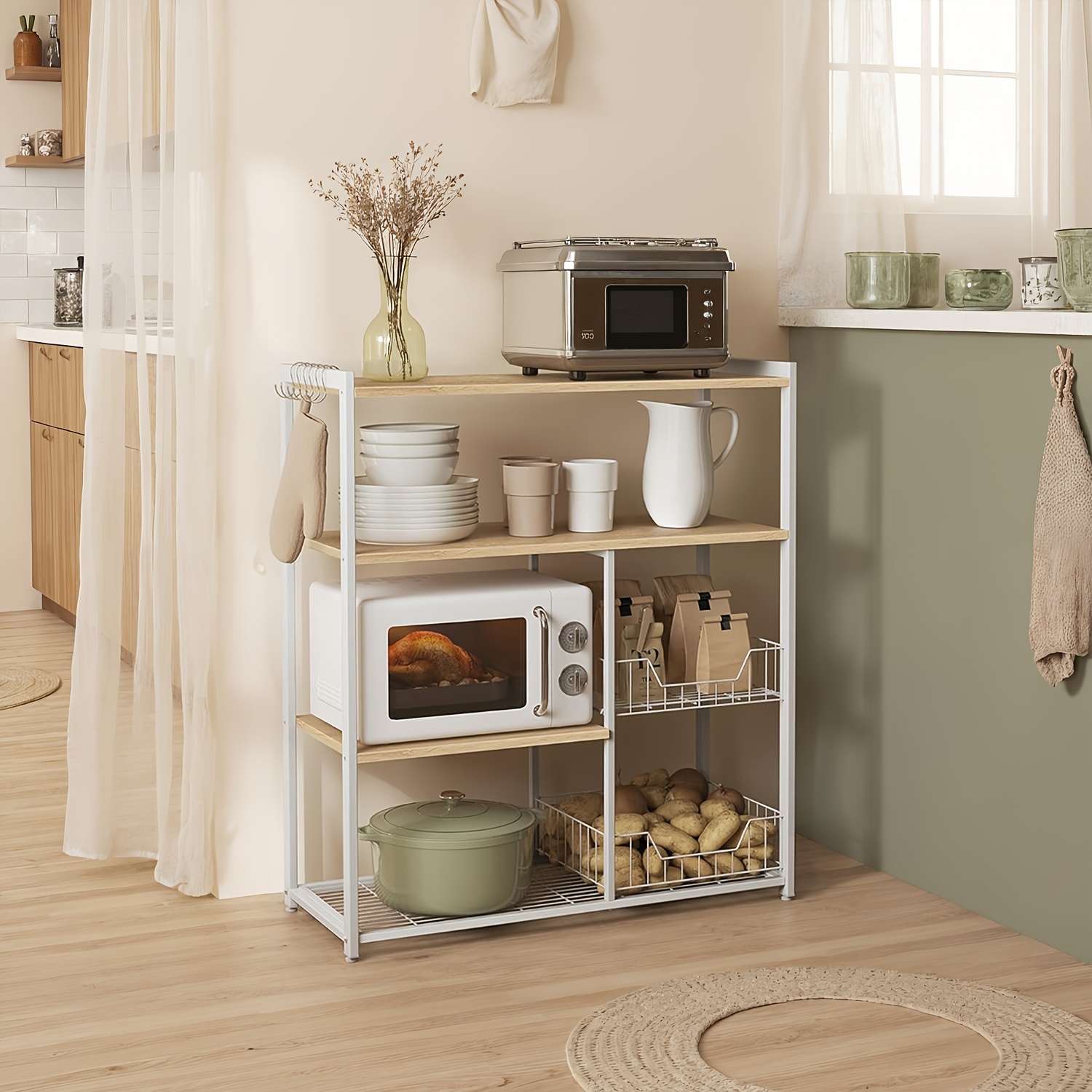 TEMU Estante de panadería para la cocina, con gabinete de almacenamiento, dos cestas y ganchos, en marrón y colores