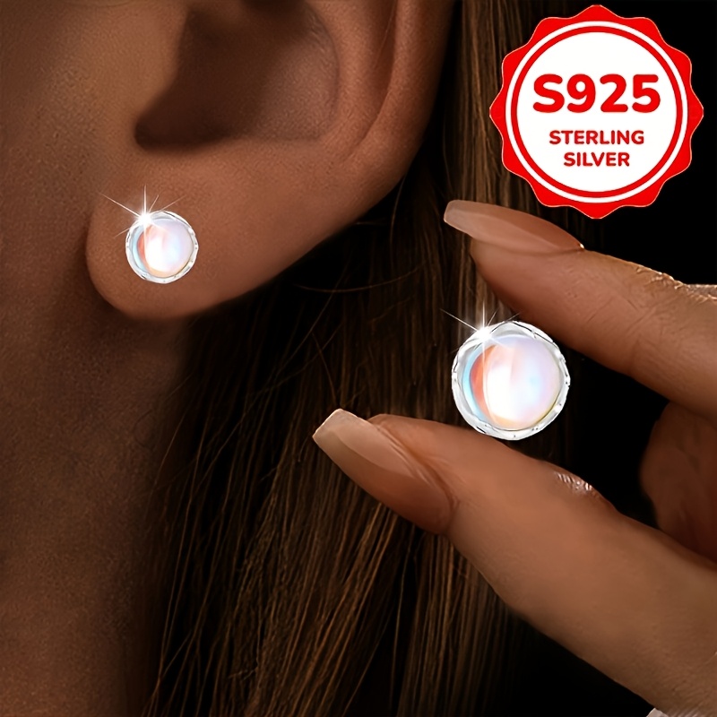 2pcs Women's S925 Sterling Silvery Moonstone Stud Earrings