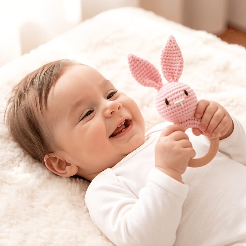 Handmade Rabbit Shaped Infant Rattle, Soft Knitted Toy