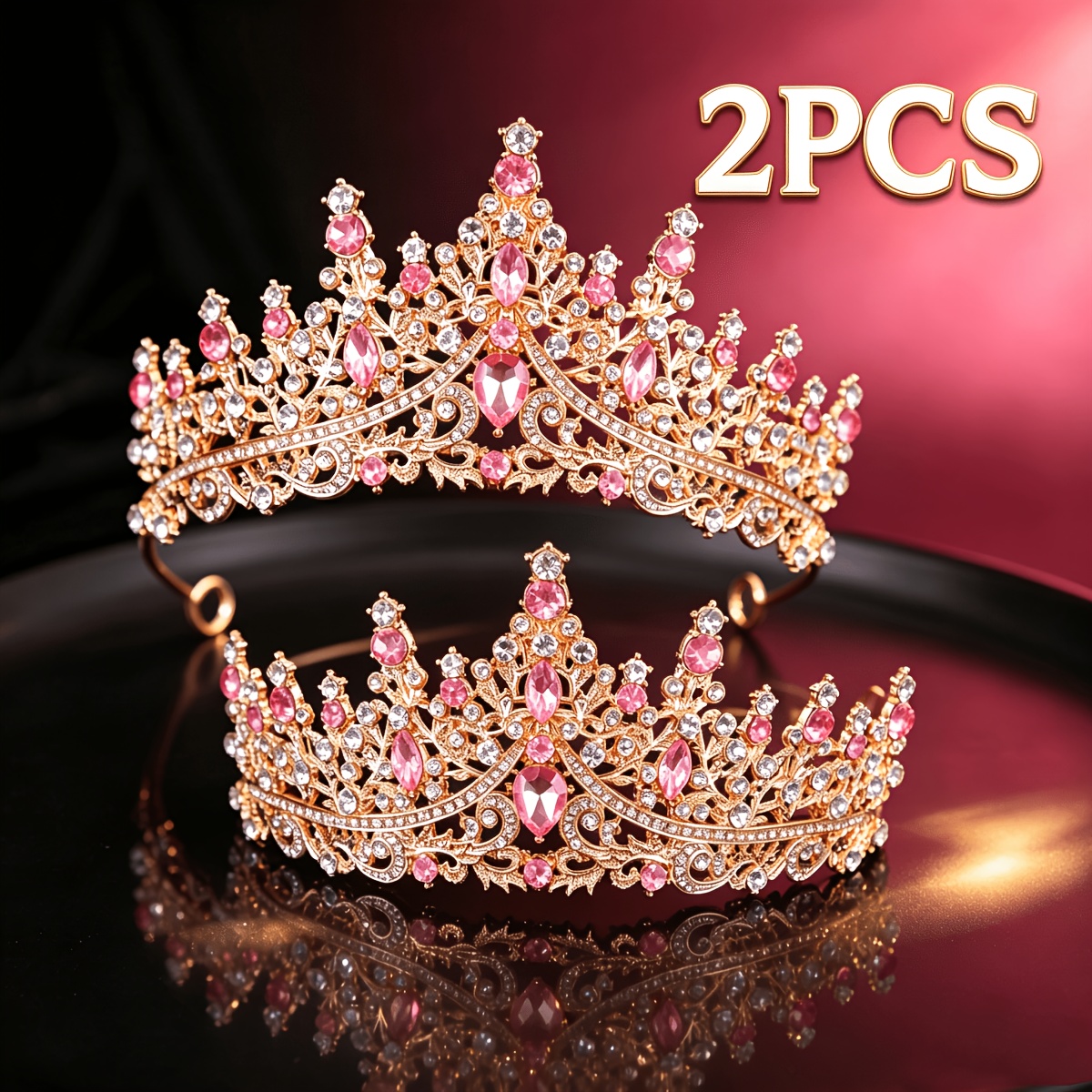 TEMU 2pcs Princess Birthday Crown Pink Rhinestone Bride Wedding Crown Party Evening Headpiece