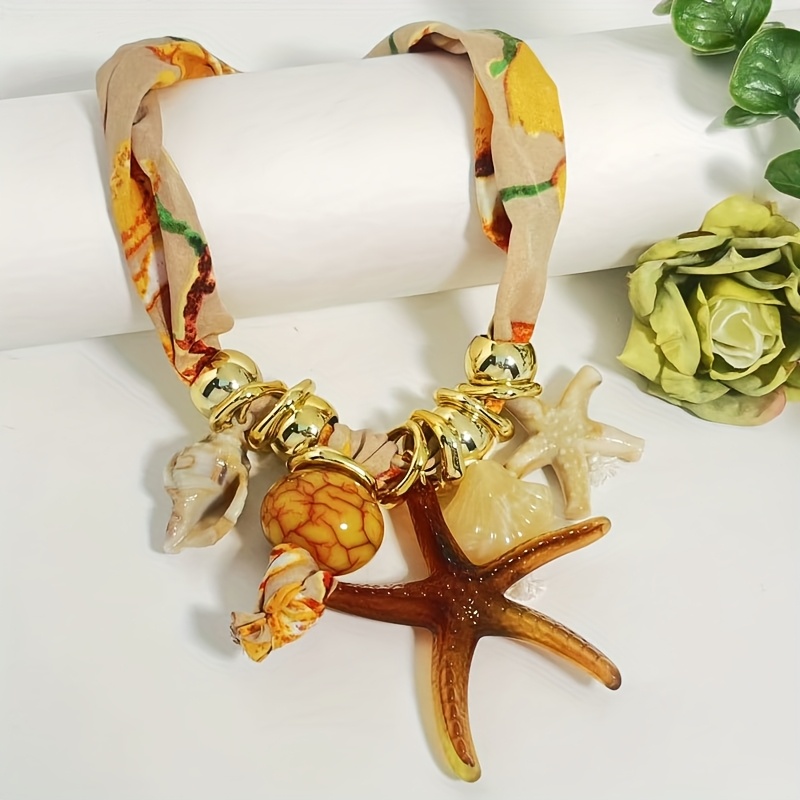 Beach Vacation Leopard Print Ribbon Shell & Starfish Choker Necklace
