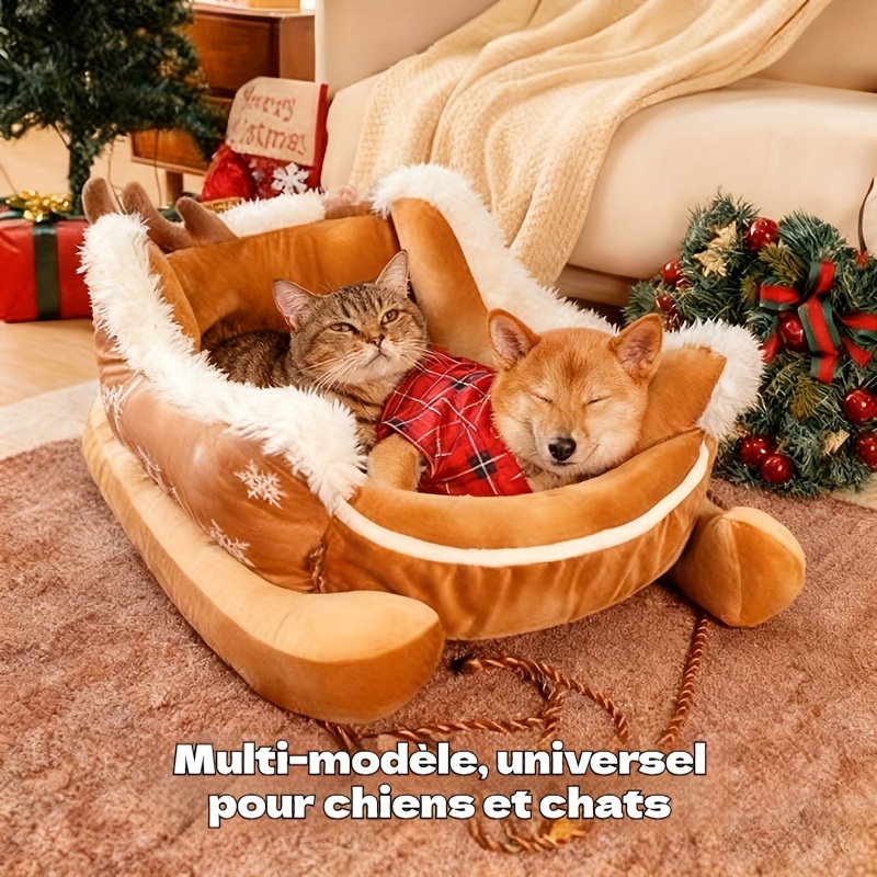 1 Christmas for cat Bed Dog Bed, Christmas Sleigh Shape, Autumn and Winter for cat Bed Dog Bed Thickened Plush Soft Comfortable Full Wrap Non-Collapse