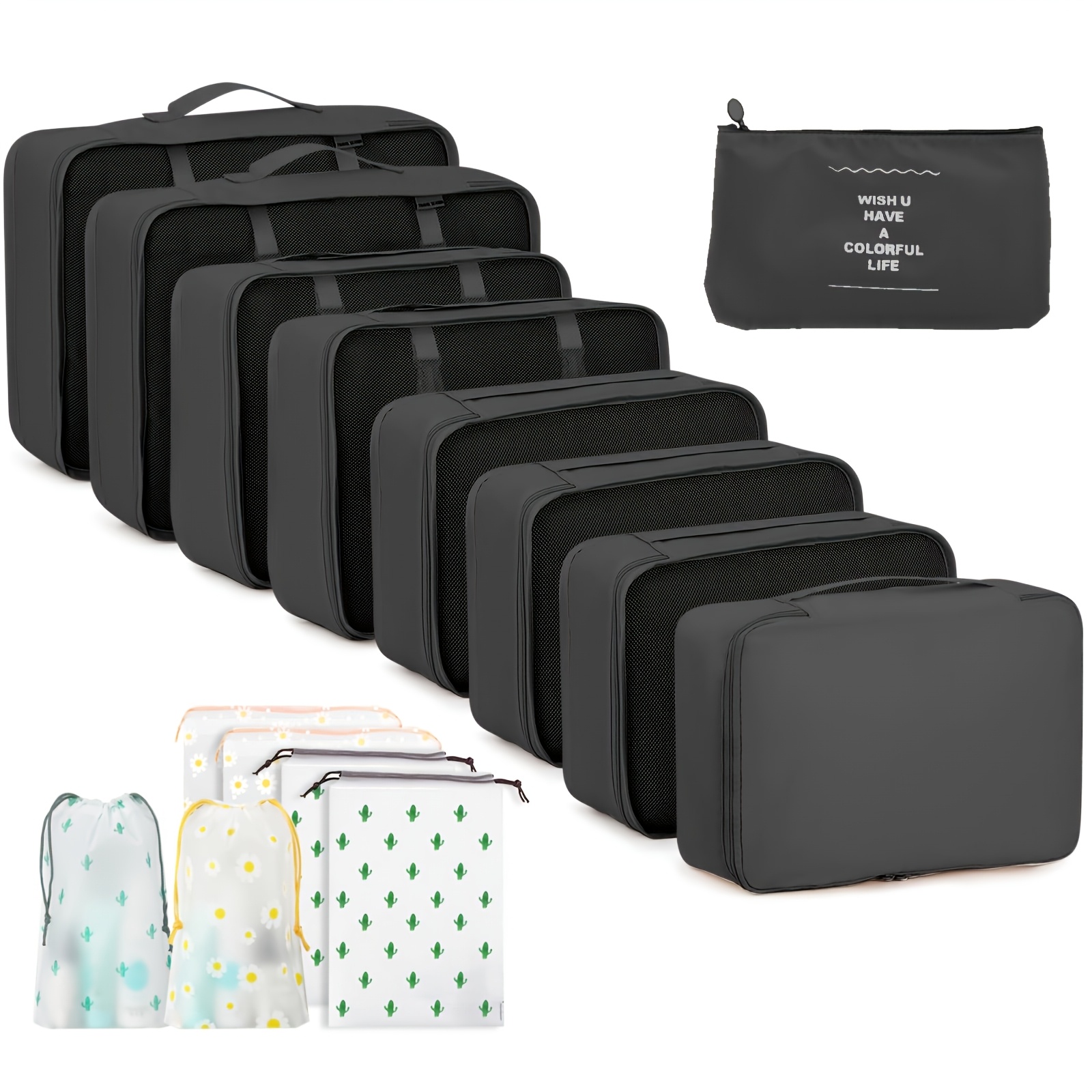 TEMU Travel Packing Bags, 15 Sets Of Travel Packing Storage Bags, With Shoe Bags And Drawstring Bags, Lightweight Luggage Storage Bags For Suitcases,