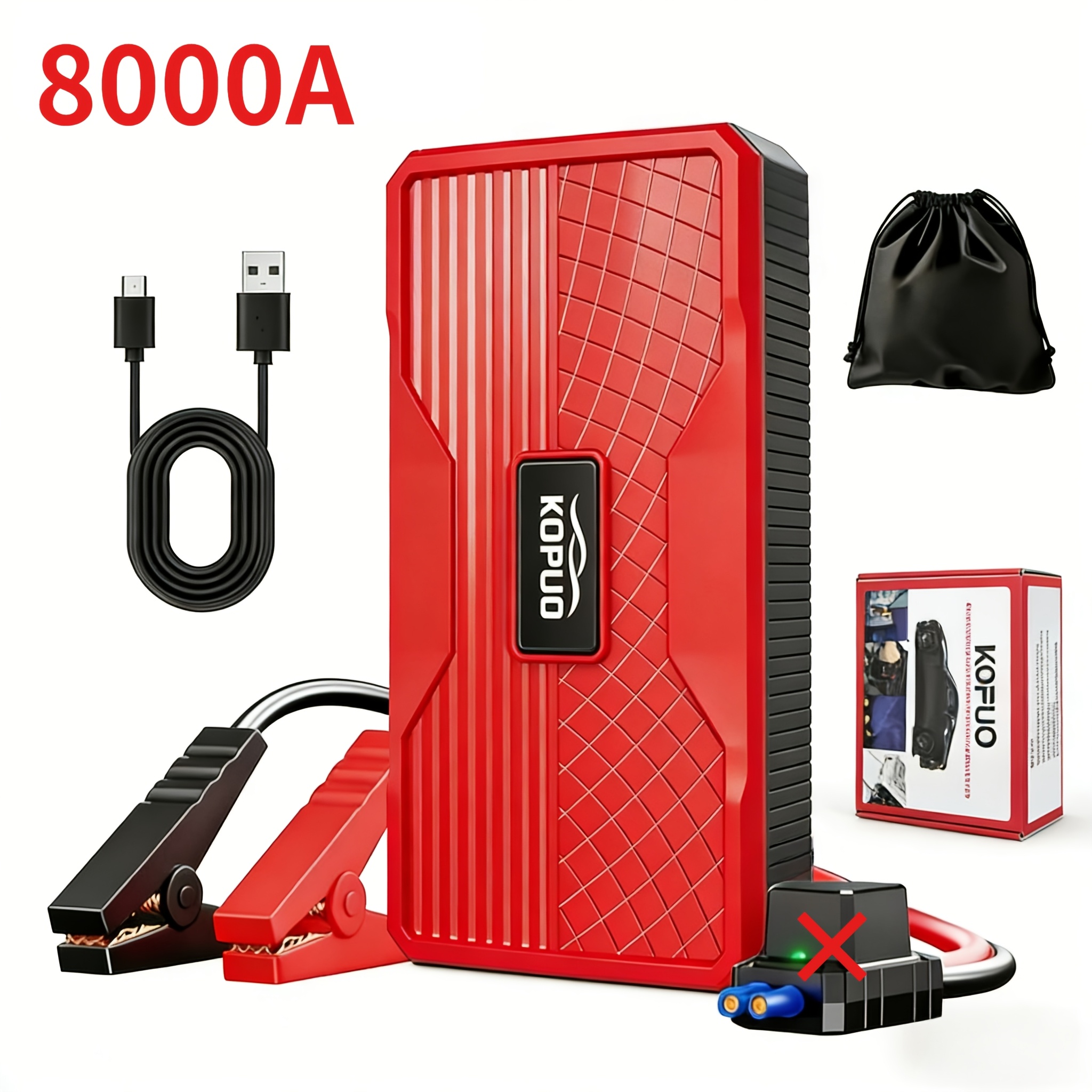 TEMU Arrancador de coche KOPUO de 12 pico de 8000 A, potenciador de batería para motores de 8.5 L de /7 L de diésel, linterna LED multimodo con