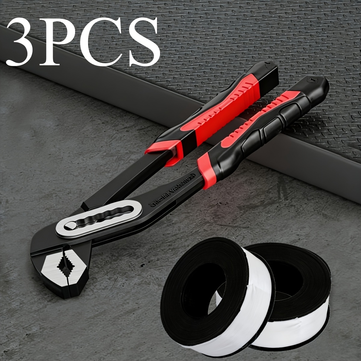 TEMU 3pcs Heavy-duty Pump Pliers Set (including Movable Wrench And 2 Rolls Of Ptfe Tape) - Multi-functional Open Pliers Tool, Suitable For Pipeline