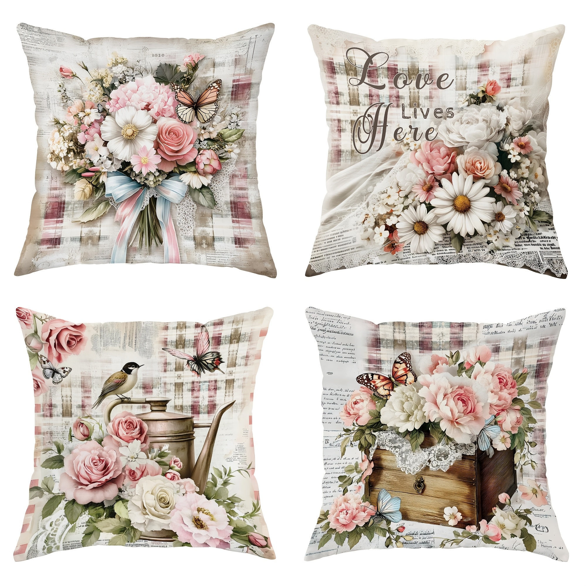 

4pcs Spring Floral Throw Pillow Covers White Green Pillowcases 1 Sided Printing Velvet 45x45cm/18x18in For Living Room Bedroom Sofa Bed Decor Without Pillow Inserts