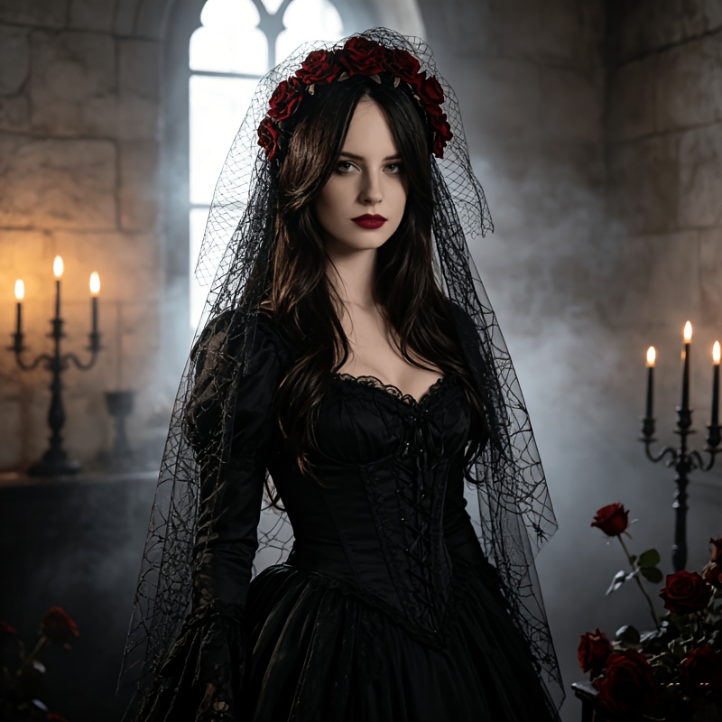 TEMU 1 pièce Couronne de fleurs de gothique avec en de dentelle toile d'araignée, Coiffe de mariée pour Halloween, Accessoires de cheveux pour femme