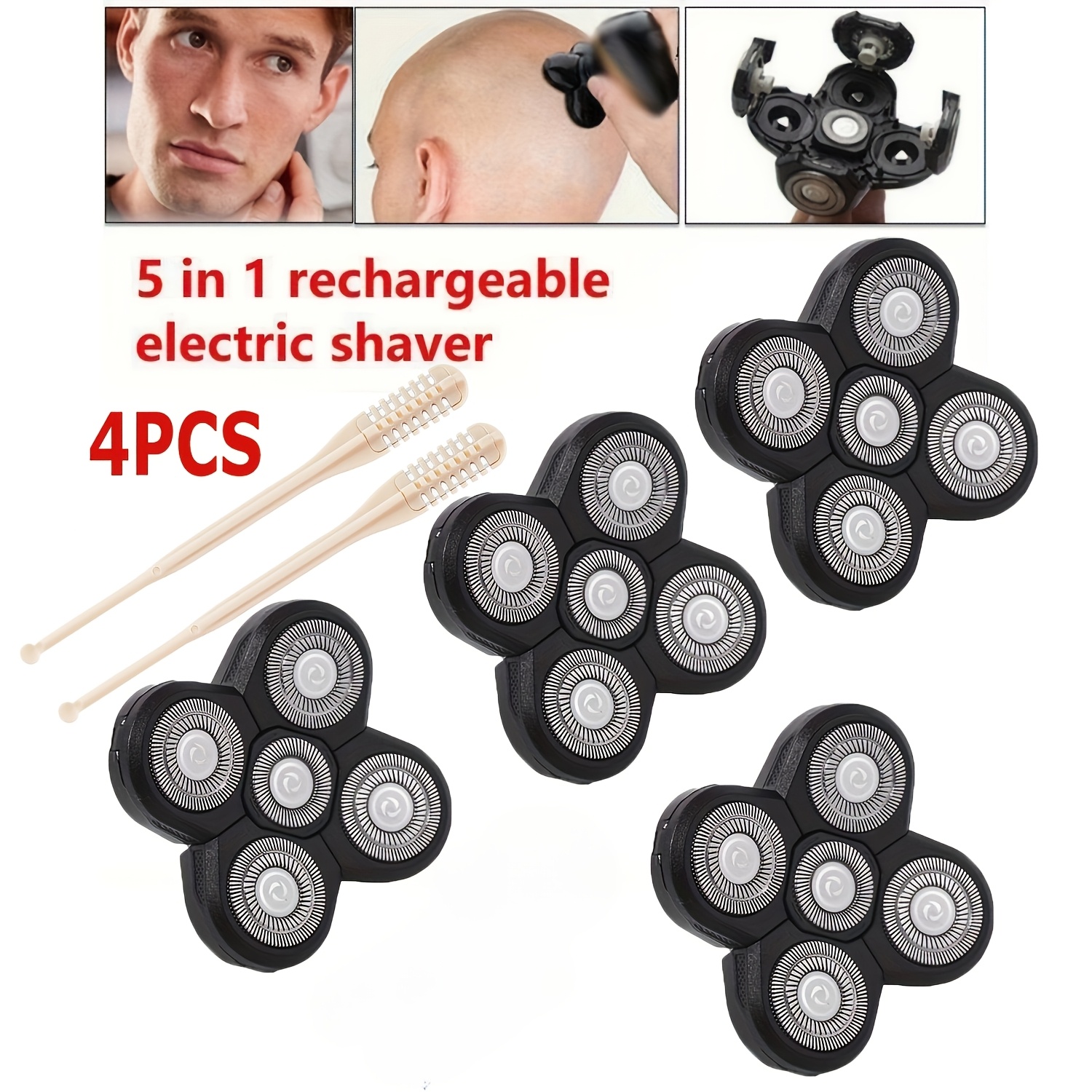 TEMU 4pcs Replacement Heads For Men's Electric Shaver, 5 Blade Heads High Quality Beard Neck Trimmer Attachment, Comes With Nose Hair Trimmer Tool