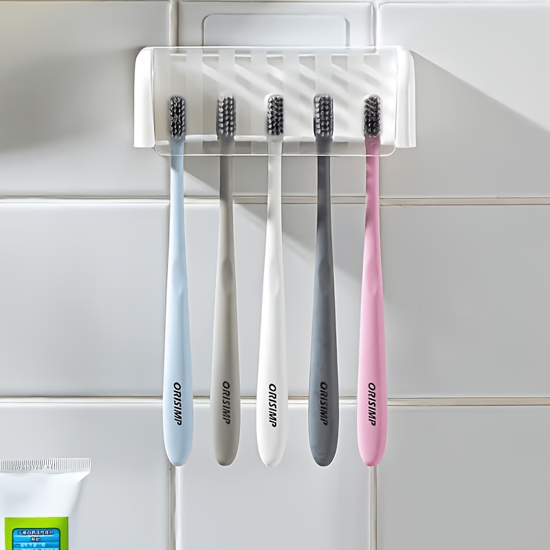 TEMU Five-slot Toothbrush Holder With Lid, Self-adhesive Wall-mounted Toothbrush Organizer, Plastic Bathroom Accessory, Suitable For Dorms And Shower