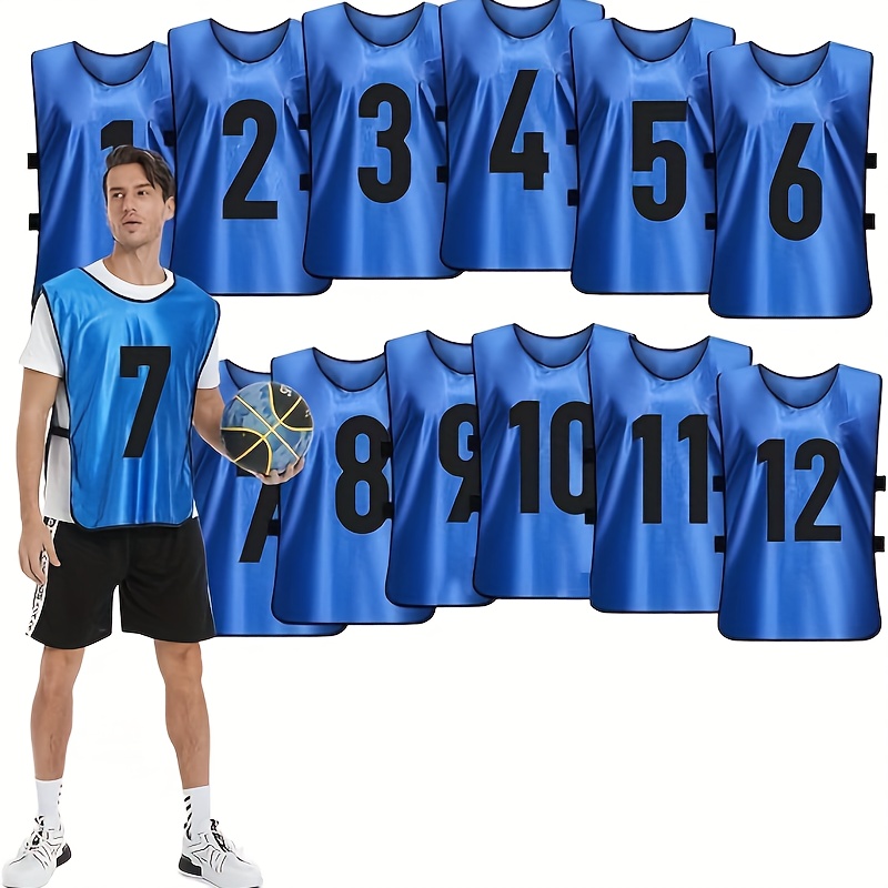 TEMU 12 Loose-fitting Round-neck Soccer Jerseys With Adjustable Mesh Vests, Double-sided Printed Numbers, Vibrant Colors, Suitable For Group