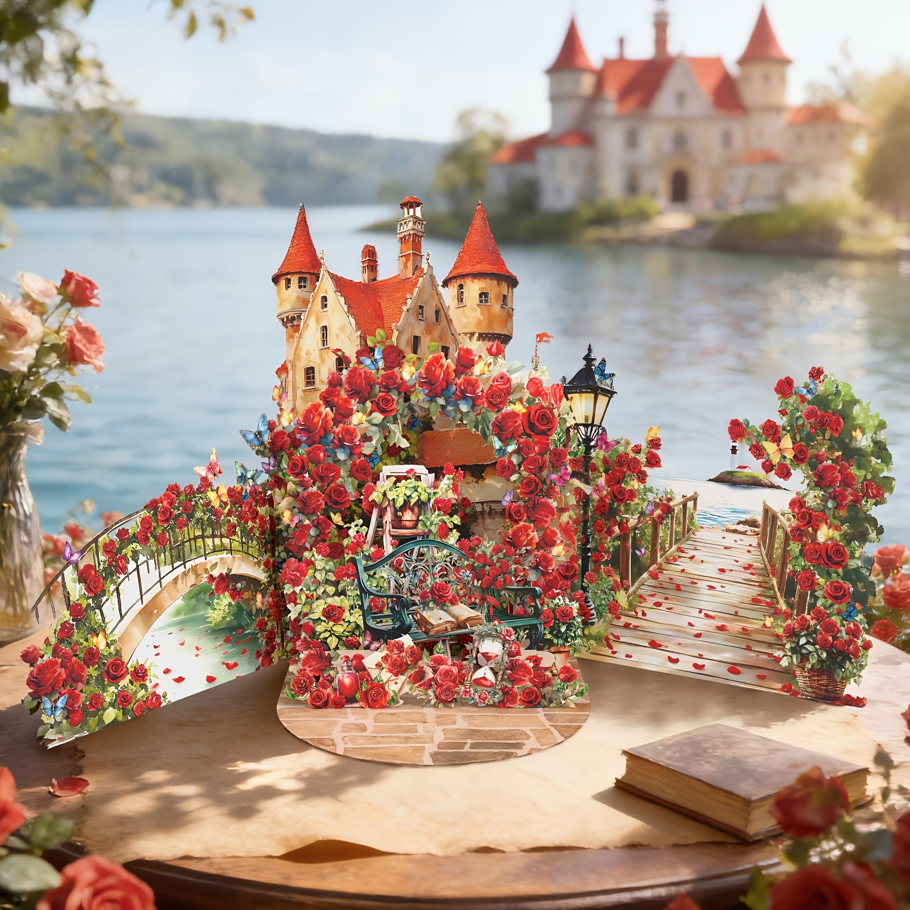 E-shop 3D Pop-Up Grußkarte Rosen-Schloss mit Umschlag, lebendiges Blumendesign, für Geburtstage, Jahrestage, Hochzeiten, Vatertag, Muttertag,