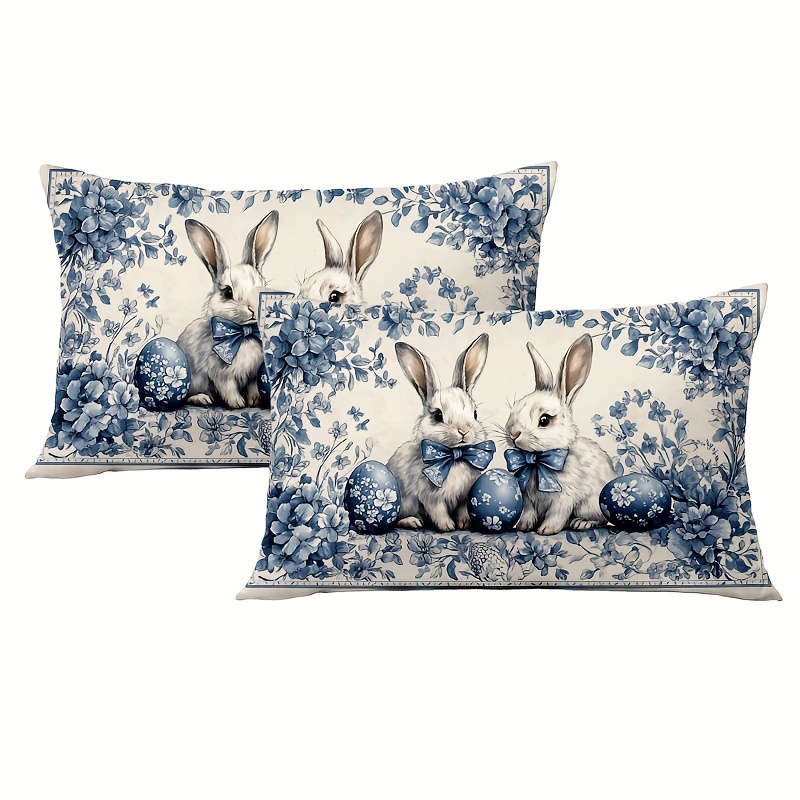 TEMU 2pcs, Easter Lumbar Short Plush Pillow Covers, Blue -patterned Easter Bunny Rug Bunnies, Throw Cover With Zipper, Double Sided Printing, 12 X 20