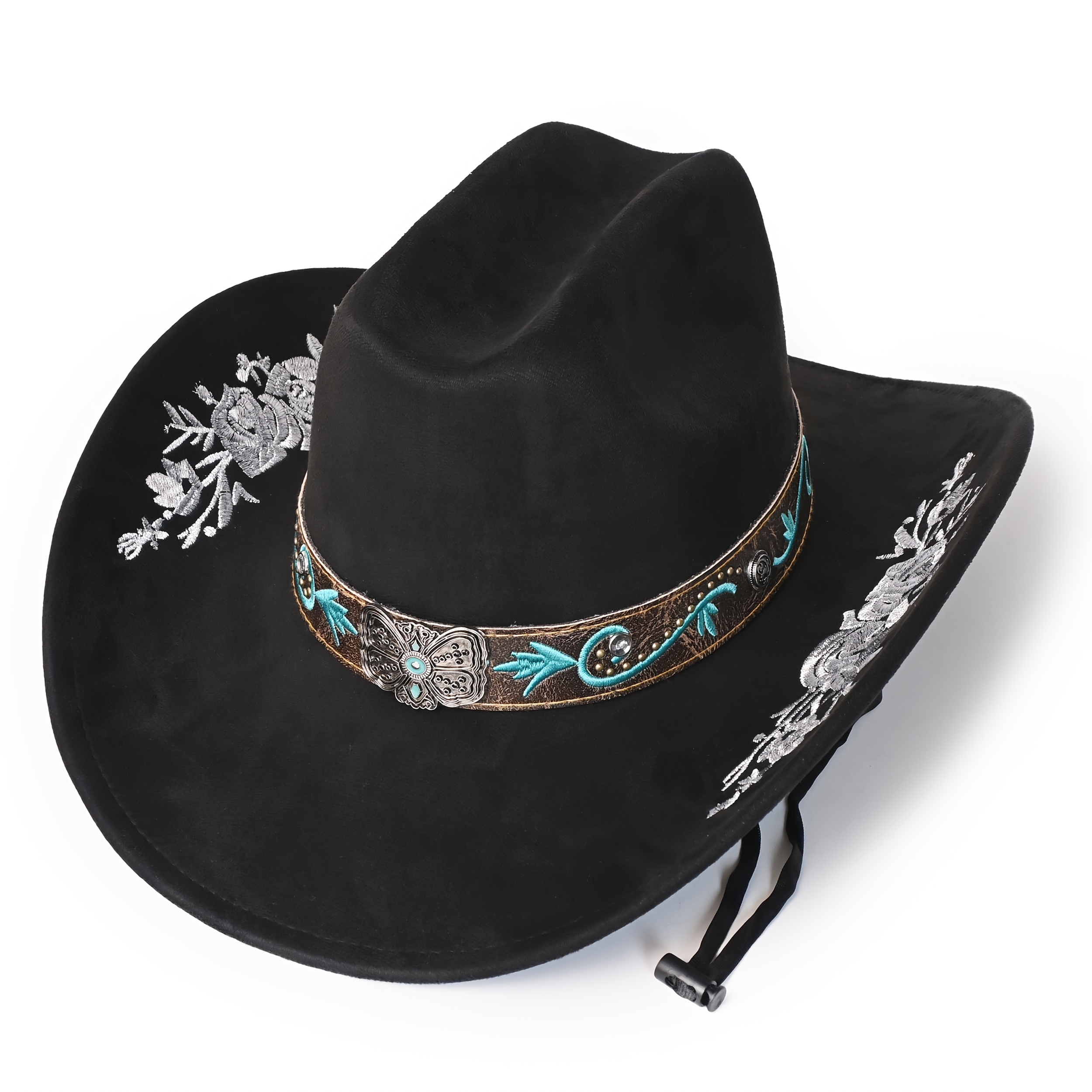 TEMU High-quality Denim Hat Body For Shipping, With A Metal Flower Embroidered Belt, Flower Embroidery On The Brim, Faux Suede Feel, Solid Color