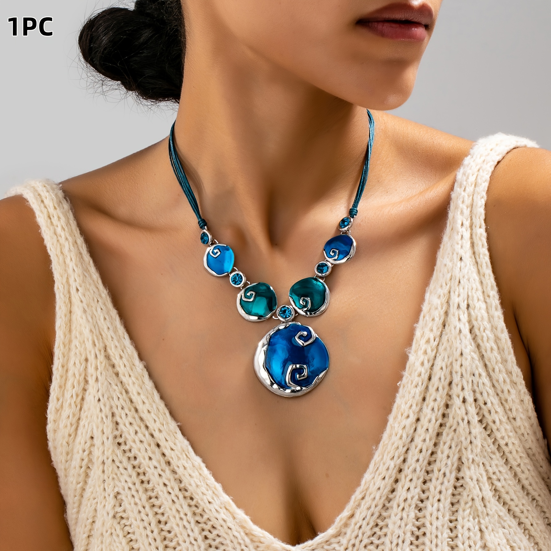 1 Bohemian Vintage Style Fashion Simple Elegant Blue Drip Oil Round Pendant String Necklace For Women' Wear, Vacation, And Party