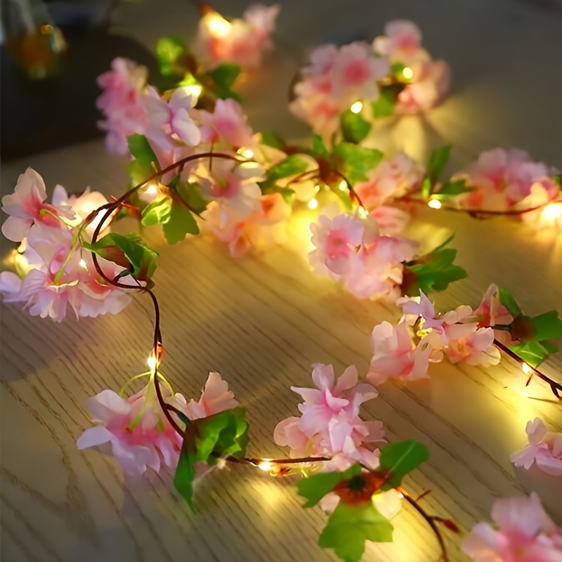 TEMU 1pc Led Simulation Pink Cherry Vine String Lights With Leaves, Outdoor String Lights, Battery (batteries Not Included), Artificial Hydrangea