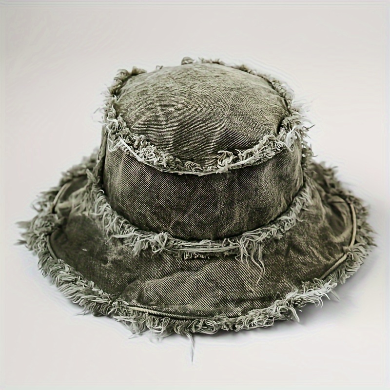 Image of Fashion Vintage Distressed Denim Bucket Hat, Wide Brim Outdoor Summer Beach Hat, Sun Hat