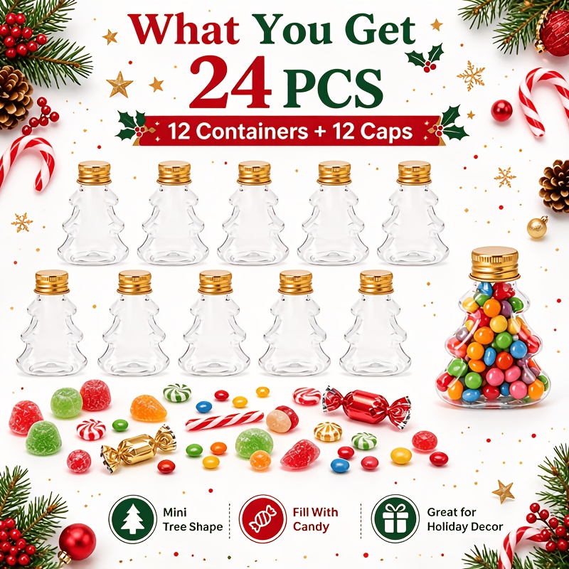 TEMU 24 Mini Christmas Tree-shaped Transparent Plastic Bottles With Golden Screw Caps. Empty Christmas Tree-shaped Candy Jars, Suitable For Holding