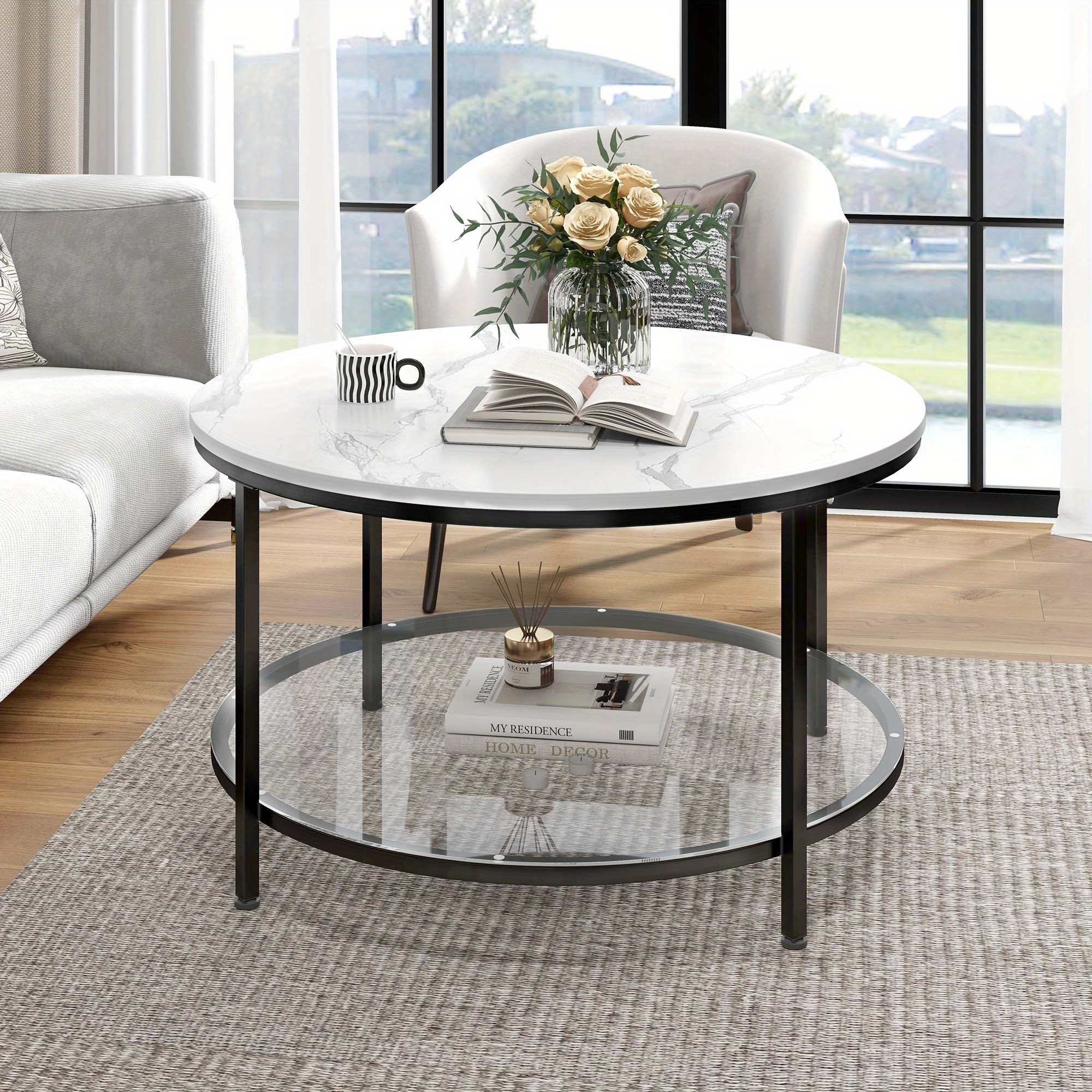 

Homlif Tempered Glass Round Coffee Table With Adjustable And Open Shelf