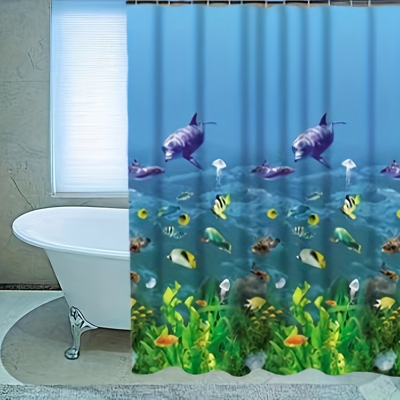 Peva Bathroom Shower Curtain Partition Curtain Marine Theme, No Drilling Required, 12pcs Shower Curtain Hooks Included