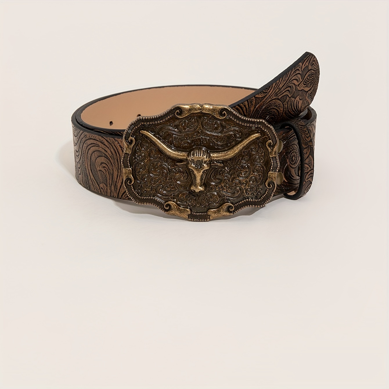 

1pc Trendy Western Vintage Style Embossed Pu Leather Belt Bull Head Buckle Versatile Jeans Belts For Women