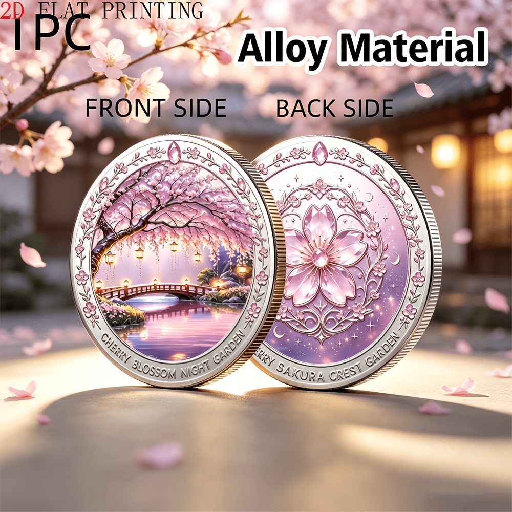 TEMU 1pc 2d Flat Printed Cherry Courtyard Night Scene Alloy Material Commemorative Coin, Desktop Decoration Ornament, Floral Theme Collection, Spring