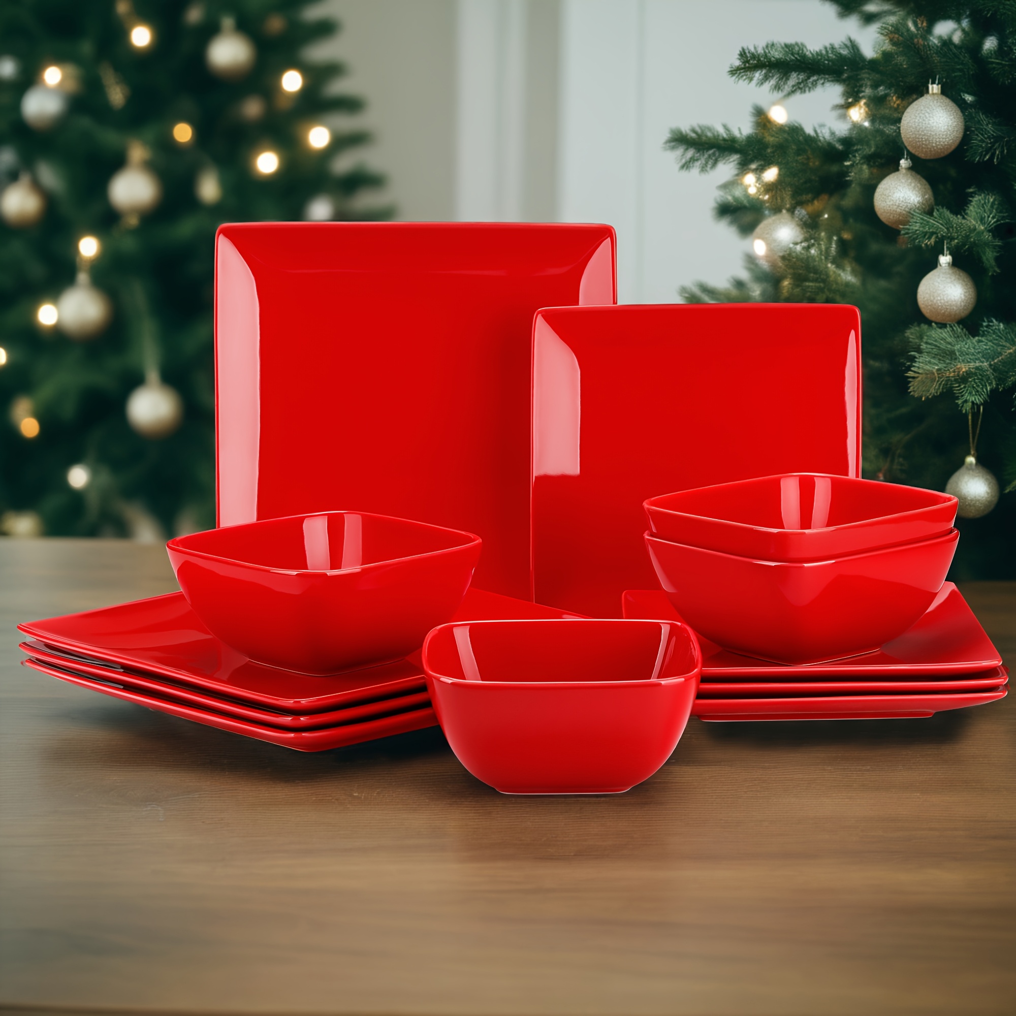 TEMU Dinner Set For , 12pcs Plates And Bowls Set, Red Stoneware Dinnerware , Dinner Plates, Dessert Plates, Bowls, Dishwasher And Microwave Safe,