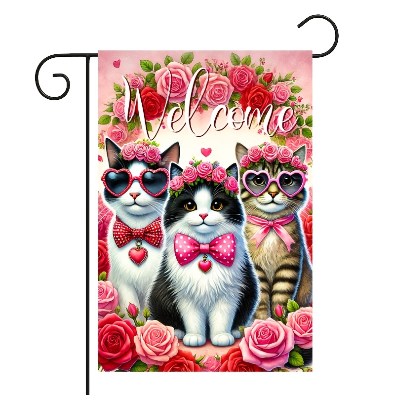 

1pc Hego Cats Valentine's Day Garden Flag - "welcome" Front Door Sign With Cat In & Glasses, Red Roses Background, Polyester, Outdoor Lawn & Home Decor, 18x12 Inches, No Pole Included,