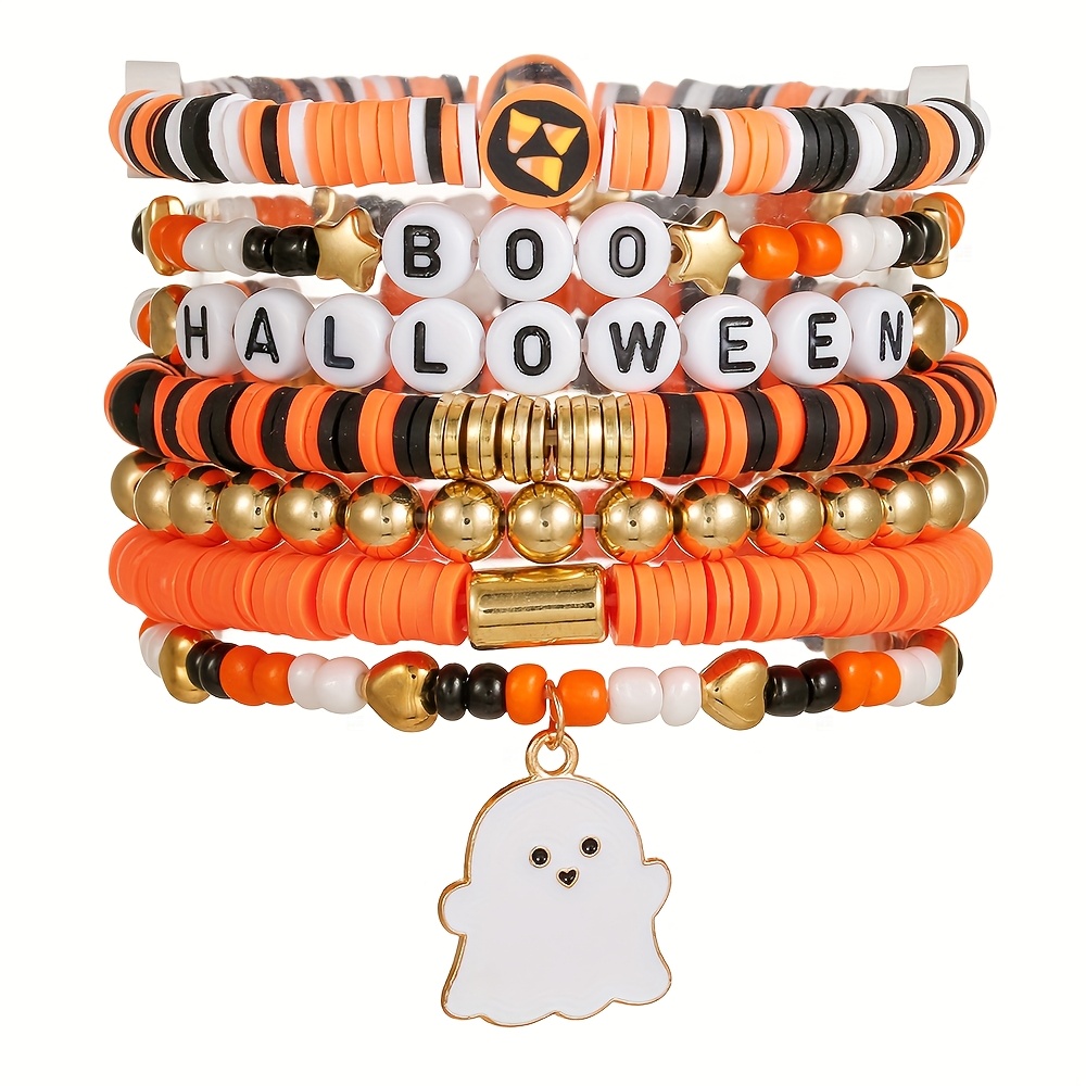 TEMU 7pcs Set Fashion Halloween Boo Theme Element Pendant And Soft Clay Bead Elastic Bracelet Set Suitable For Men And Women Holiday Party Wear And