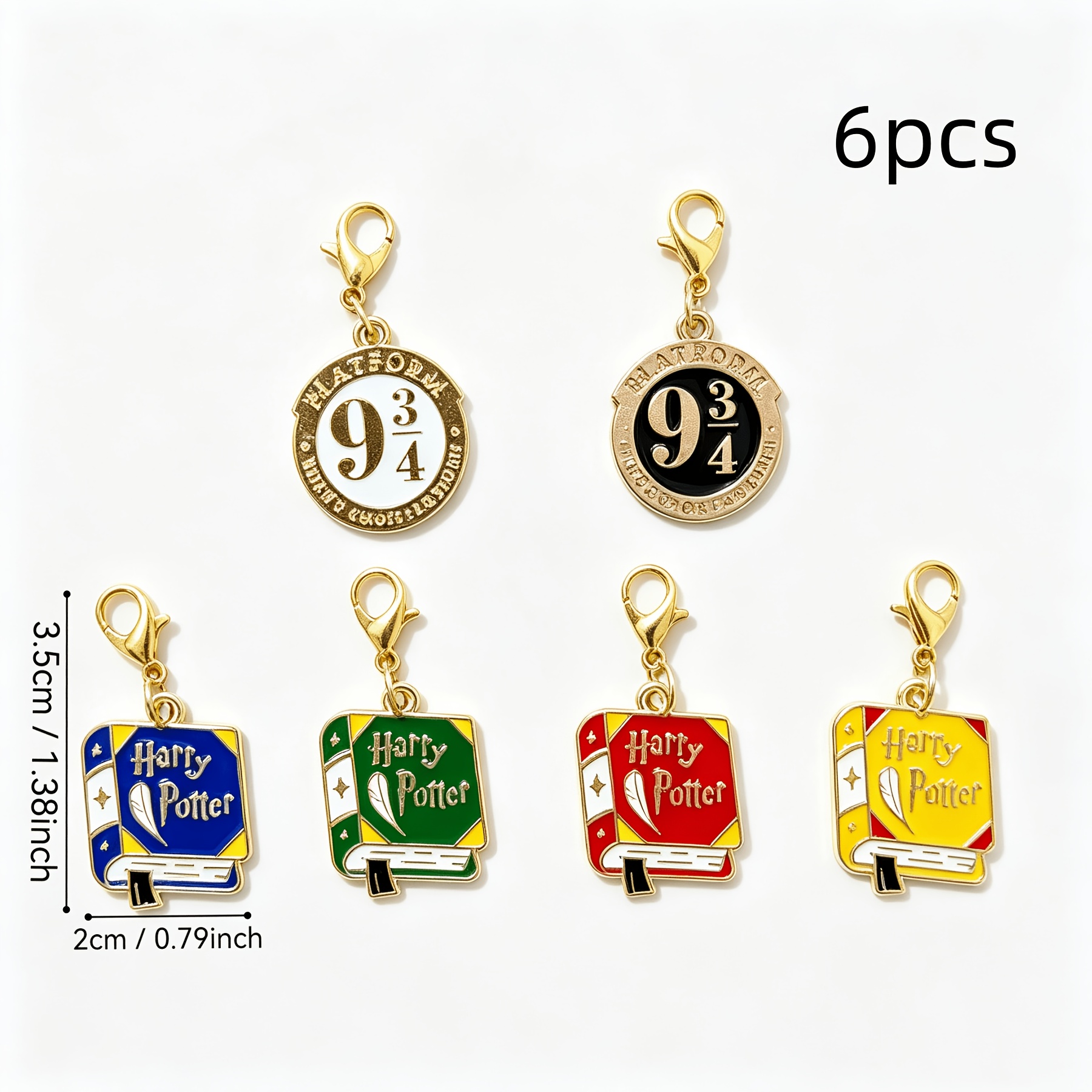 TEMU 6 llaveros de metal cierre de langosta y tema mágico de Harry Potter, dijes de libro, 9 3/ colgantes multicolores, regalo