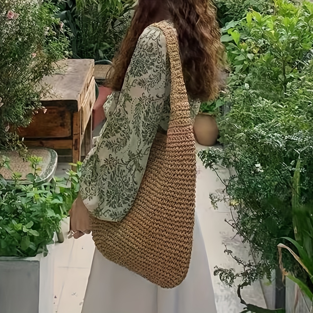 

Straw Shoulder Bag For Women, Summer Beach Woven Handmade Weaving Handbag, Boho Style Woven Tote Bag For Travel Vacation