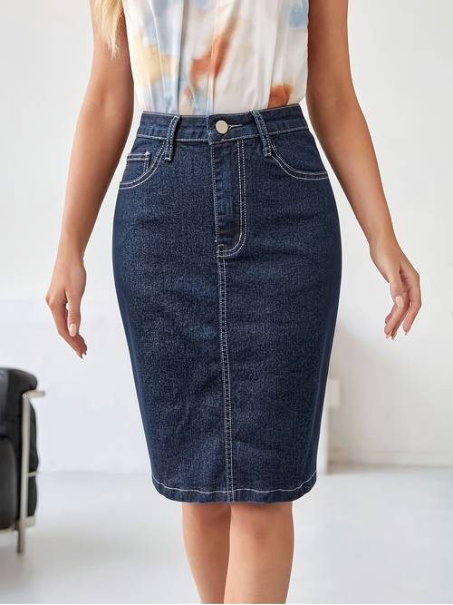 womens high waist denim midi skirt straight knee length pencil jean skirt casual office workwear