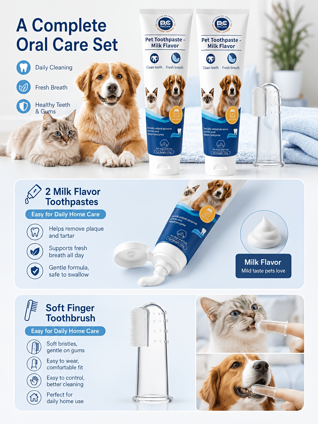 3pcs Pet Toothpaste Set - Specially Designed for Puppies And Kittens, Gently Cleans Teeth, Freshens Breath, And Protects Delicate Gums with a Mild Formula, Suitable for Safe Daily Care of Senior Pets As Well