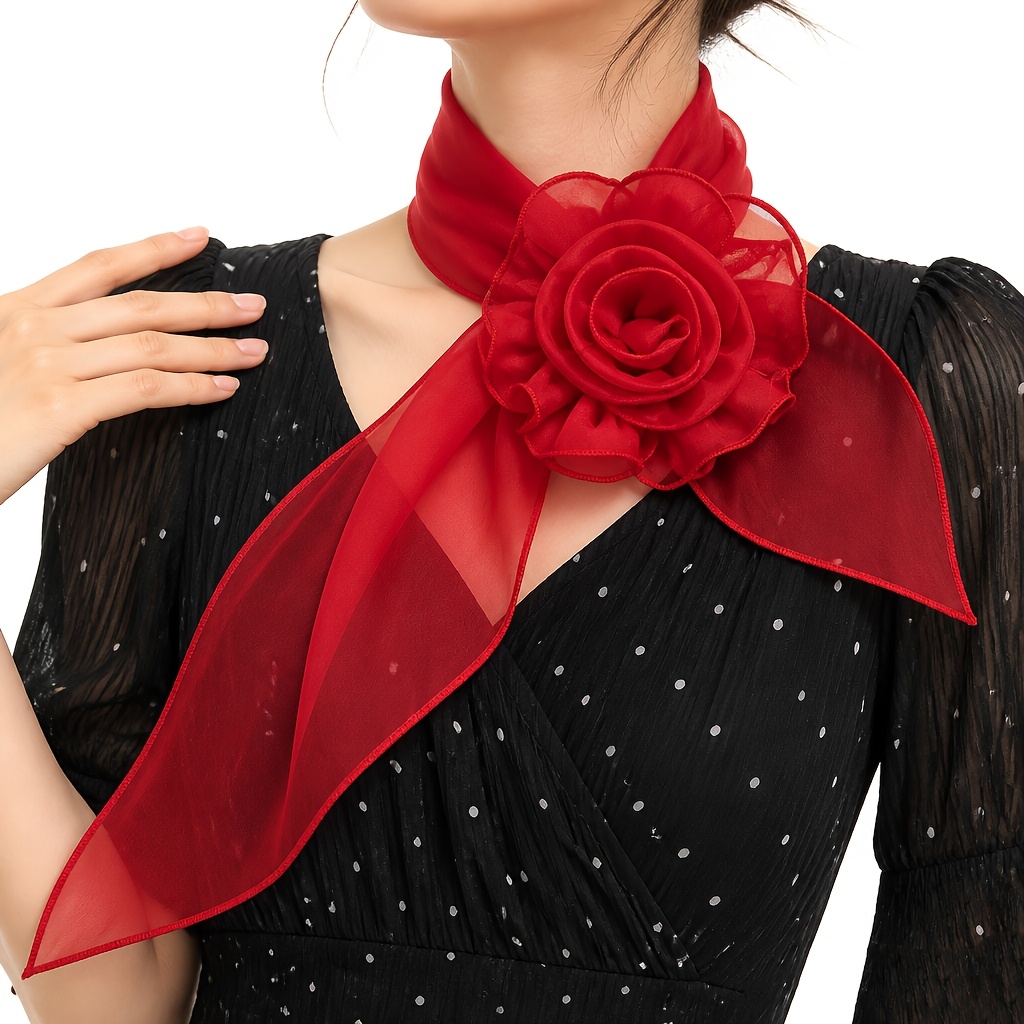 TEMU Multicolor Organza Two-piece Scarf Set With Handmade 3d Large Rose, Extended Scarf For Women, Formal Occasions, Parties, Valentine's Gifts, And