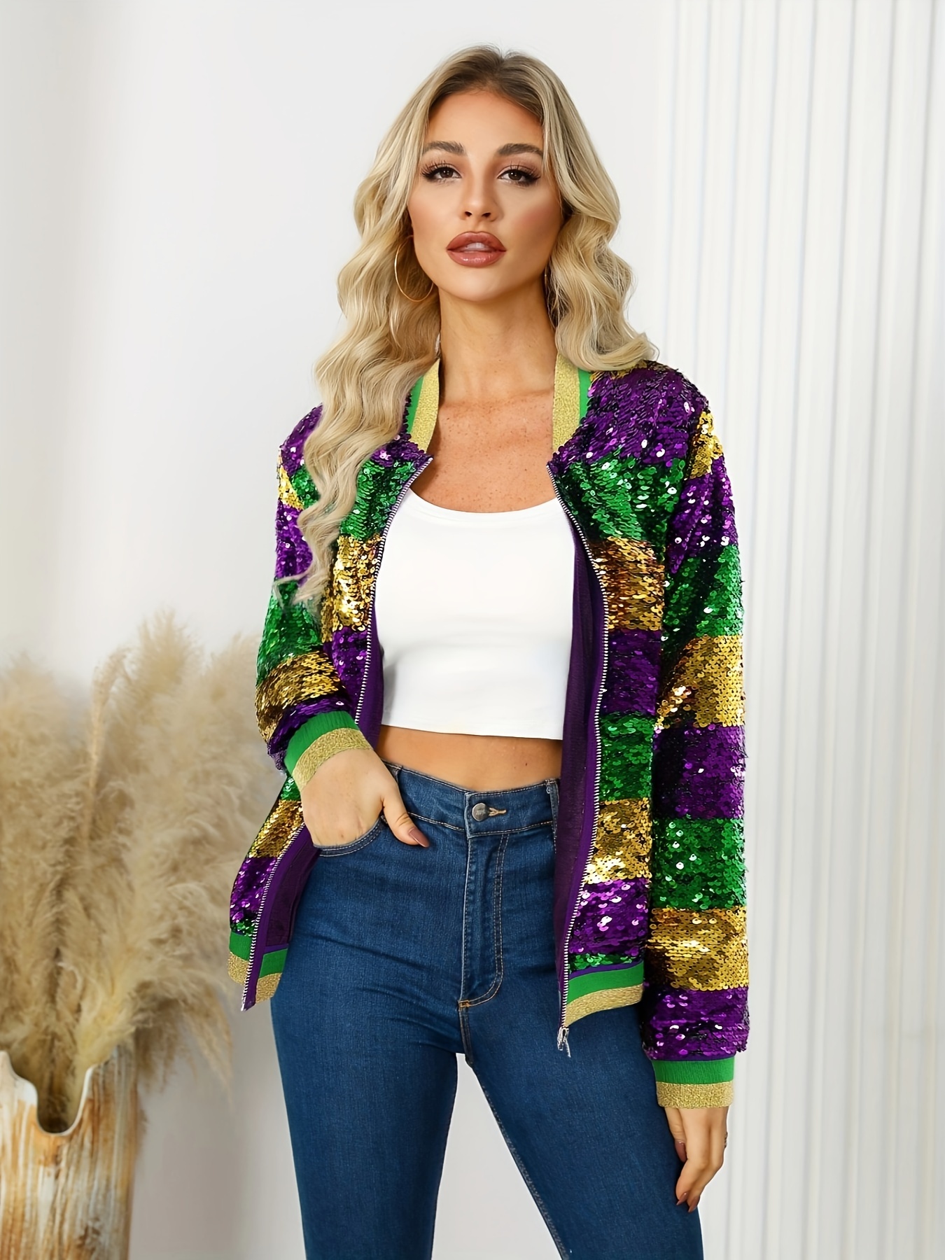 Women'S Sequin Jacket Vibrant Purple, Green Golden Glittery Casual  Outerwear with Ribbed Cuffs, Long Sleeve, Button-* Fall/Win