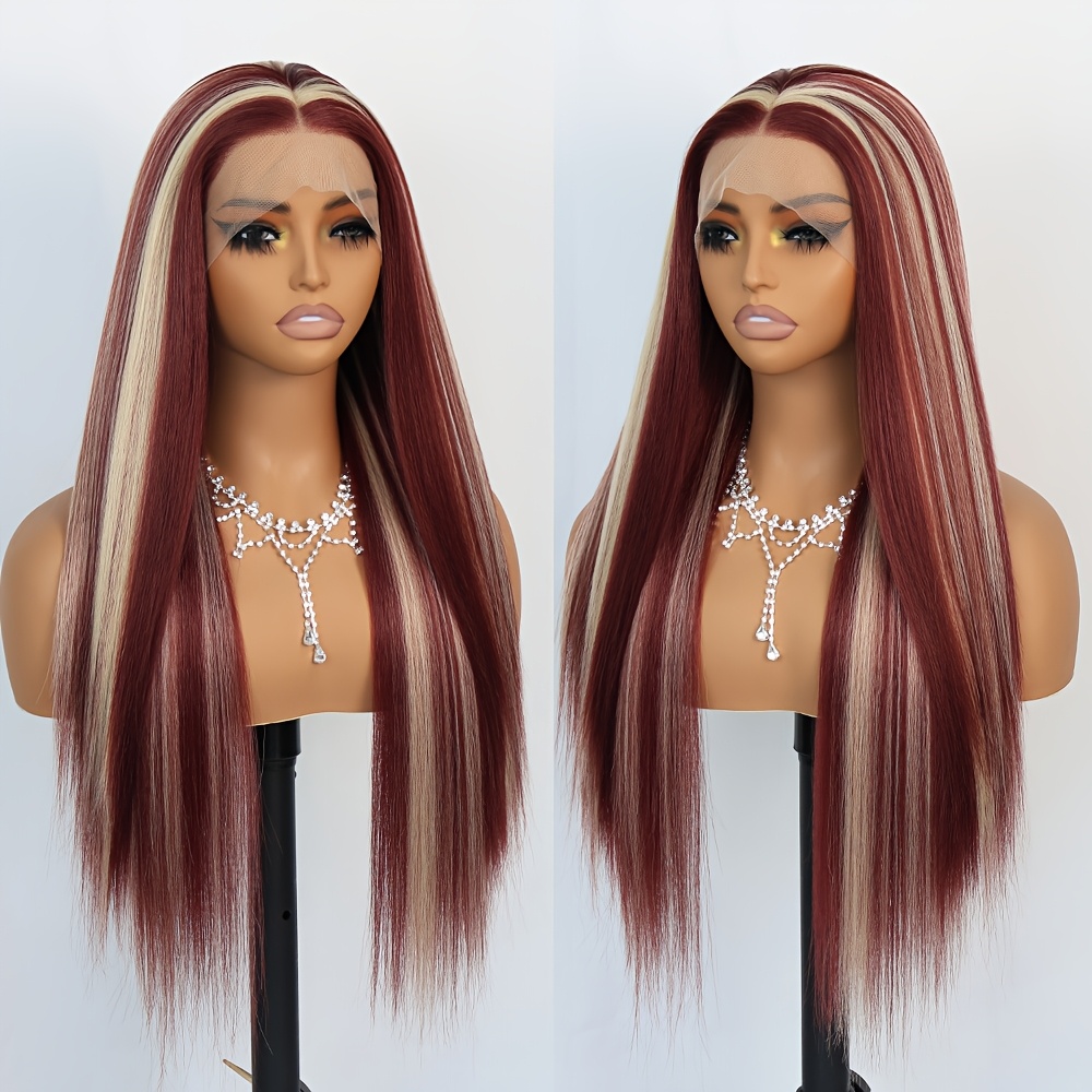 TEMU 13x4 Perruque à Rayures Skunk Bordeaux & Mèches Blondes avec Dentelle Frontale - 28 Pouces de Longueur Droite en Fibre Synthétique Résistante à