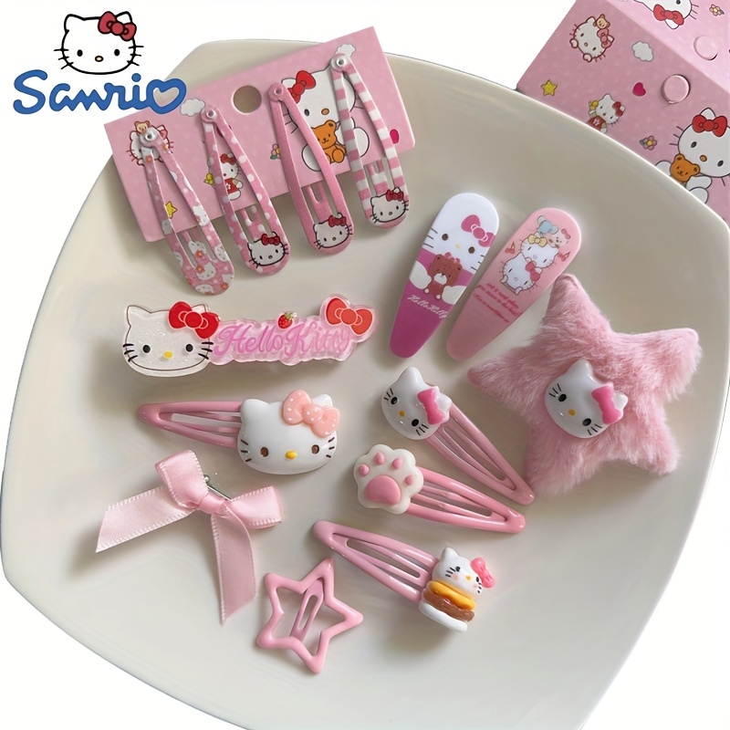 

14pcs Lovely Cartoon Hello Kitty Decorative Hair Barrettes Plush Hair Side Clips Broken Hair Finishing Clips For Women And Daily Use Wear