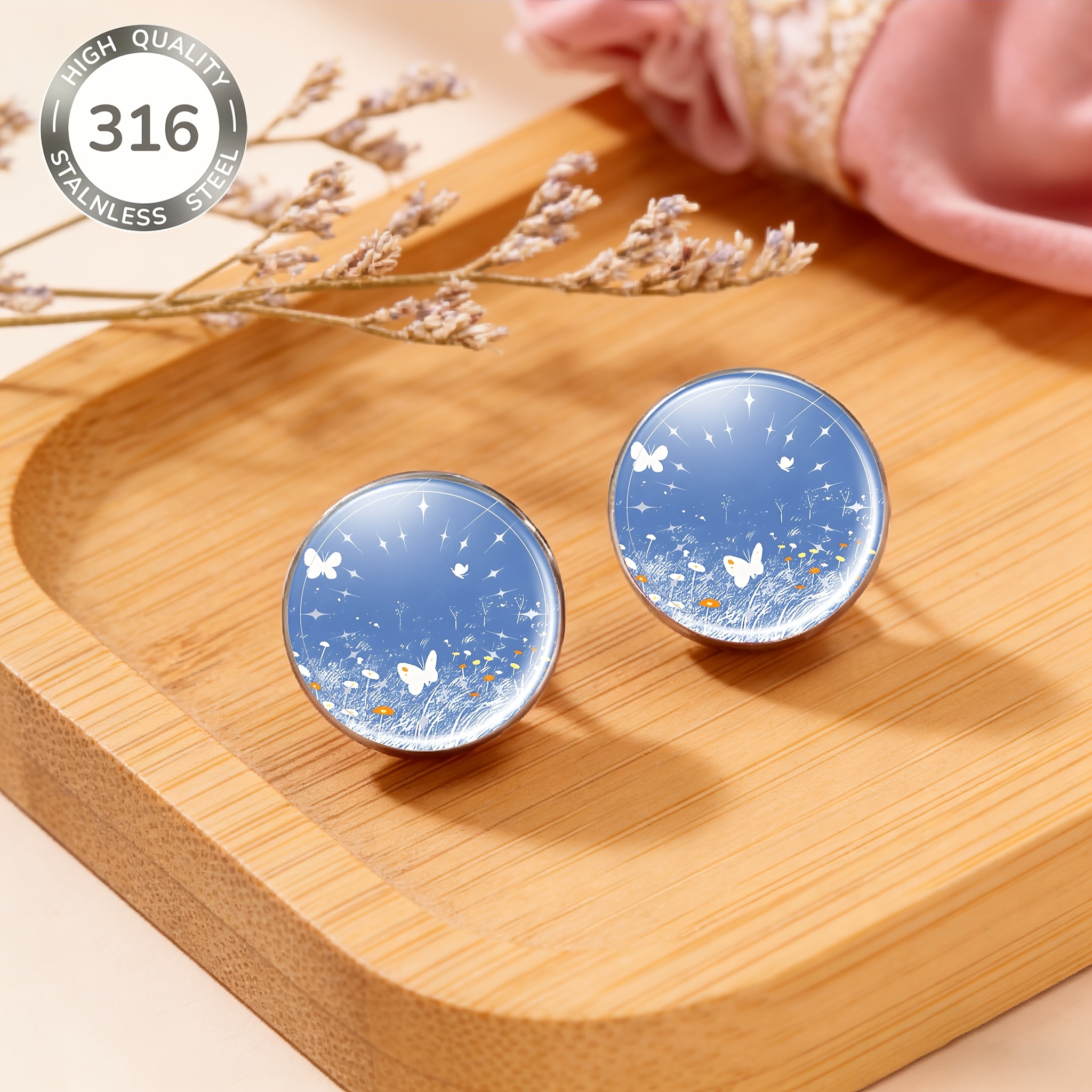 2pcs Blue Butterfly & Flower Embellished Round Studs