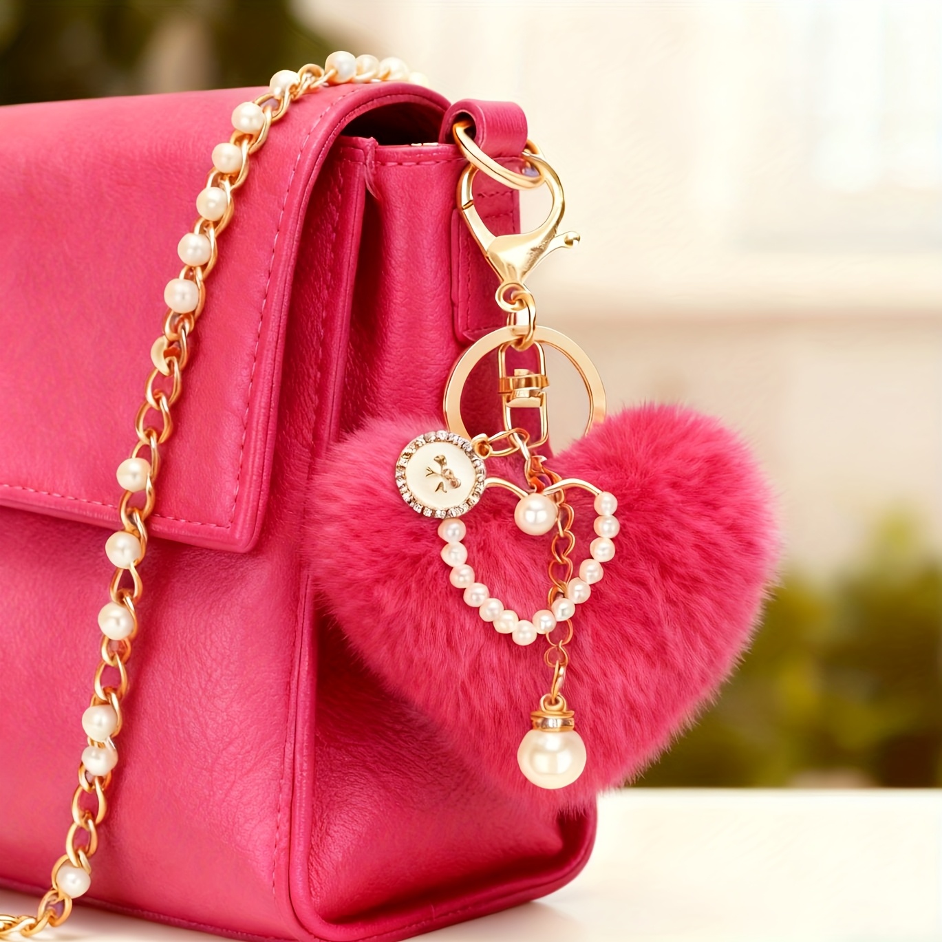 TEMU 1 llavero de peluche con cadena de perlas de - Decoración de bolso con decoración de flores | Adiciones falsas para mochila, maleta y llaves