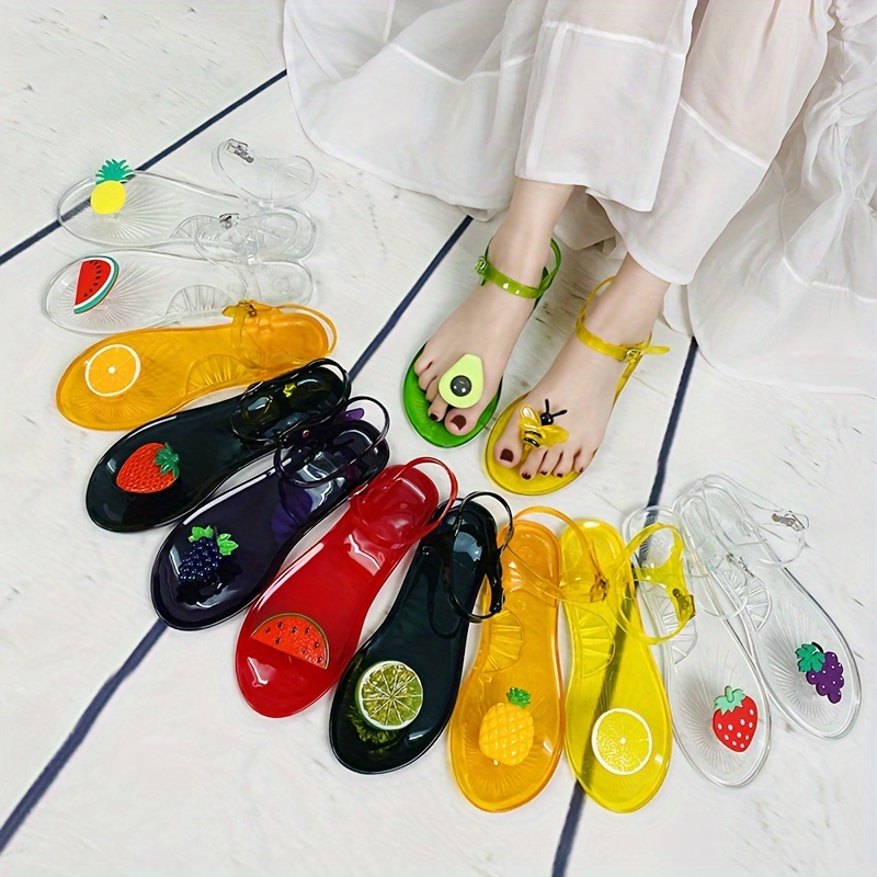 

Women's Fashion Flat Jelly Sandals, Pvc Material Summer Fruit Design Casual Transparent Slip-on Shoes With Buckle Closure