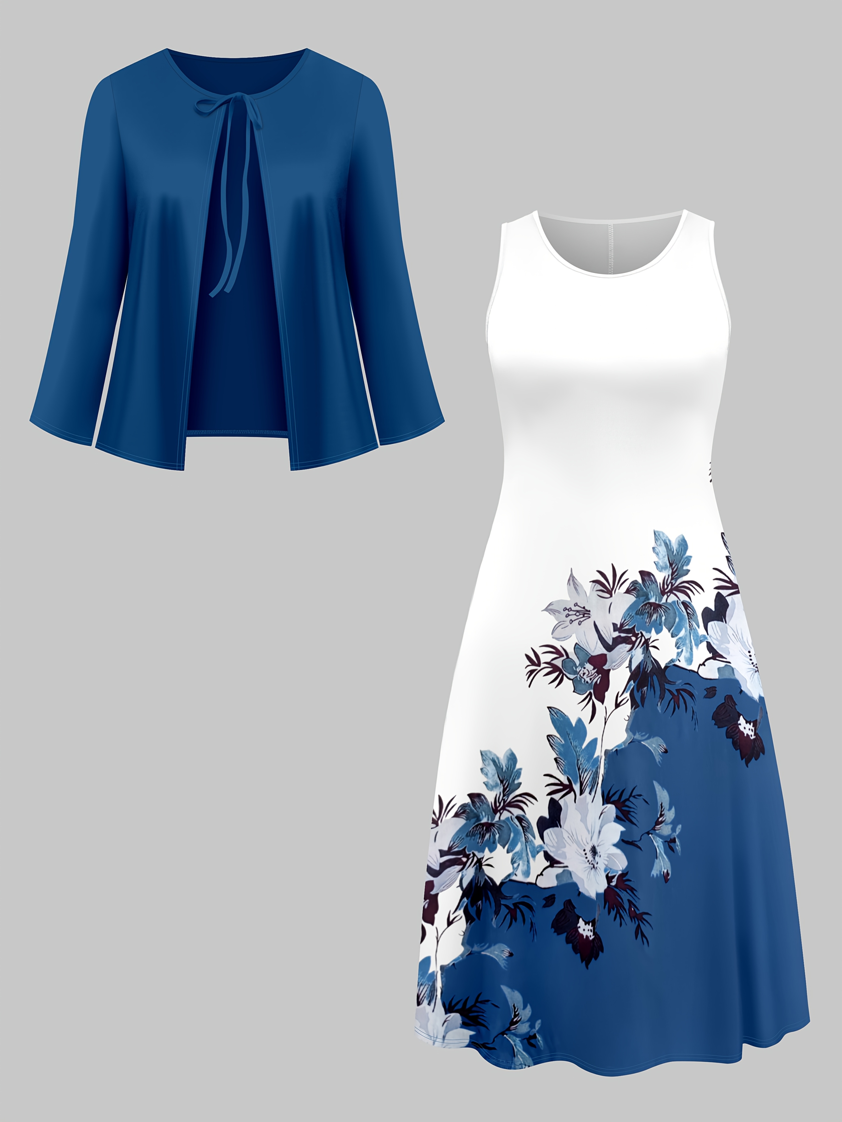 Fashion Women's solid color small cardigan and floral print patchwork dress two-piece set