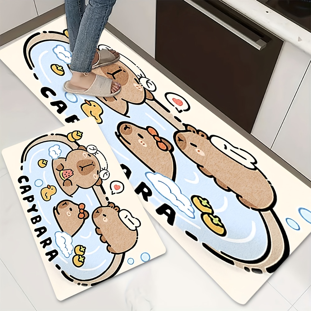 1pc cartoon capybara pattern kitchen mat soft and comfortable flannel 7mm thickness non slip backing machine washable and easy to clean suitable for kitchen bathroom bedroom office entryway hallway adds style to   ideal for christmas