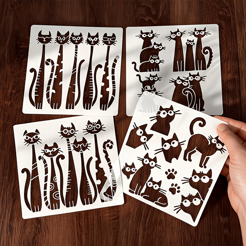TEMU 4pcs Whimsical Cat Stencil Set, Artistic Painting Templates With Quirky Tall & Stacked Cat Patterns, Versatile Craft Stencils For Home
