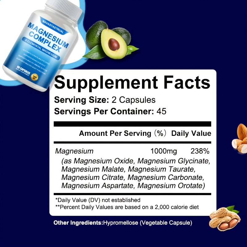 Magnesium Complex Supplement 1000mg 7 Forms (Glycinate, Citrate, Malate, Taurate, Oxide, Aspartate, Orotate) 90 Capsules for Sleep, Nerves,