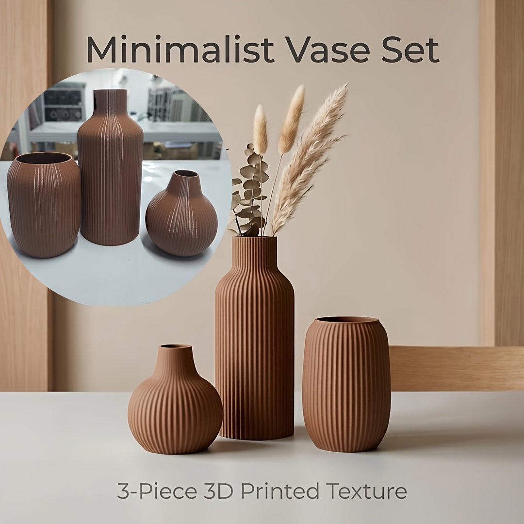 TEMU 3pcs Set Matte Pla Plastic 3d Printed Vase Set, Vertical Stripe Embossed Decorative Vase, Modern Minimalist Dining Room And Living Room Home
