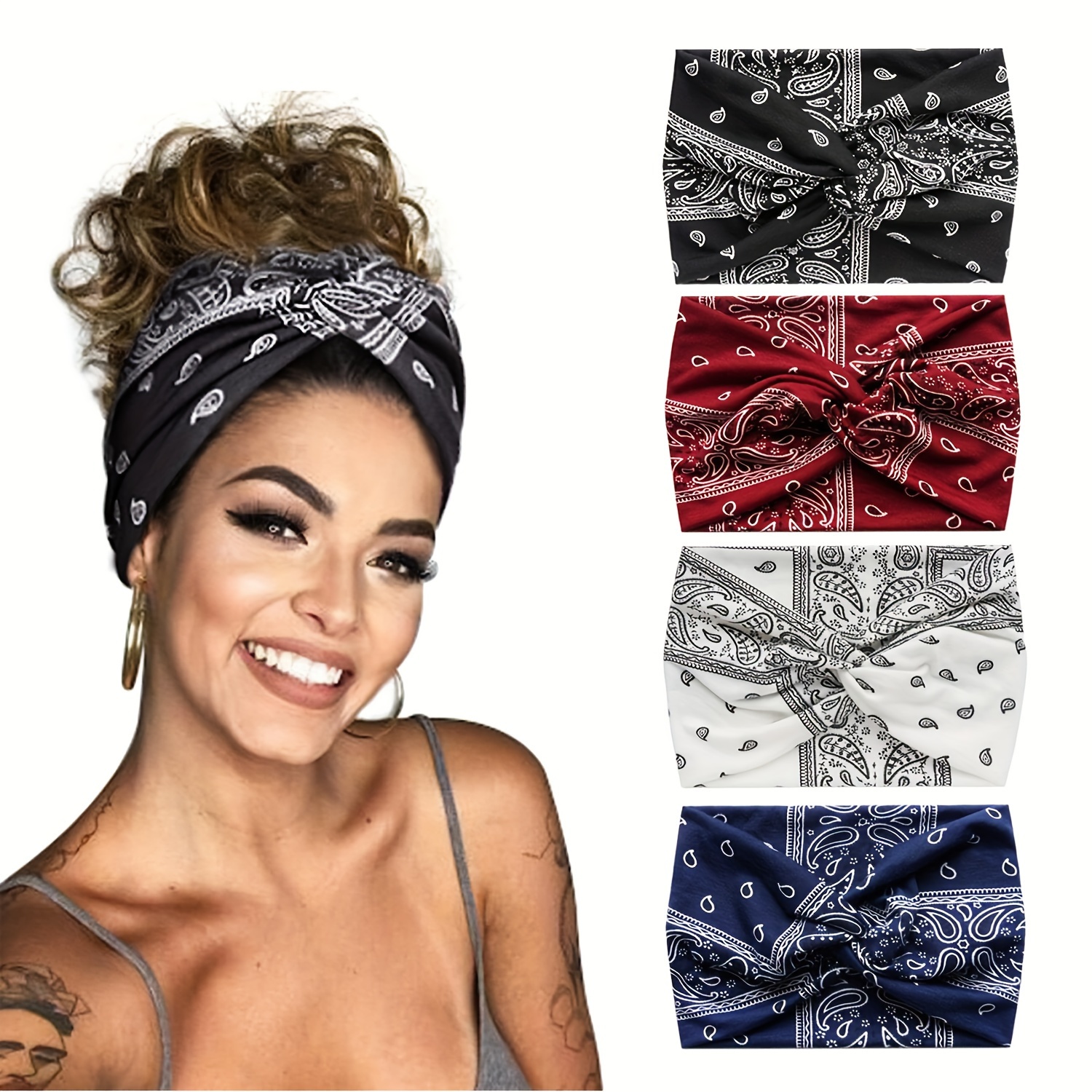 

4pcs Vintage Printed Wide Brimmed Head Bands Elastic Knotted Hair Hoops Trendy Hair Accessories For Women And Girls
