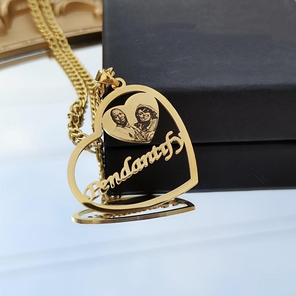 TEMU Custom Romantic Wedding Photo Name Necklace, Personalized Couple Photo Necklace, Stainless Steel Black Printed Text Heart Pendant, Family Photo