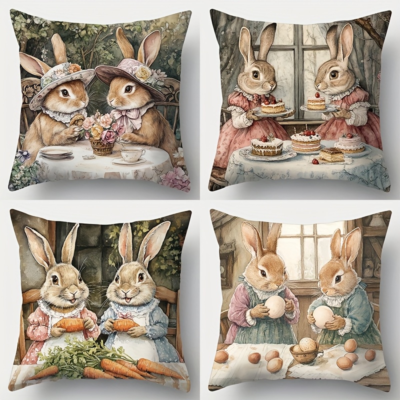 

4pcs Set Easter Bunny & Egg Pattern Pillowcases - 17.72" Vintage-style, Comfortable Polyester, Machine Washable With Zipper Closure - Ideal For Sofa, Car, Bedroom Decor, Bunny Accessories